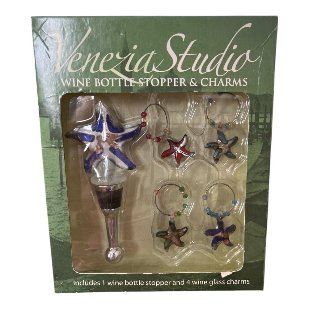 Venezia Studio Wine Bottle Stopper & Glass Charms Set Starfish Glass Art Style